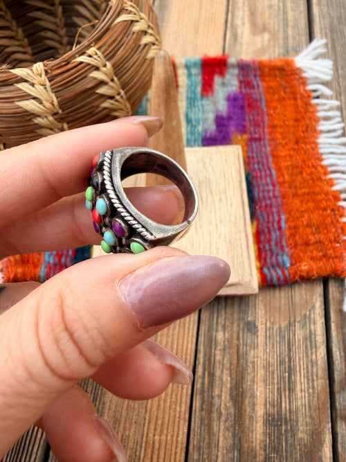 Old Pawn Handmade Multi Stone & Sterling Silver Ring Size 5.75