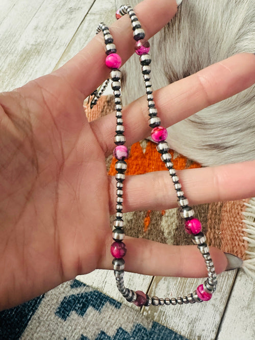 Navajo Sterling Silver & Pink Mojave 18” Beaded Necklace