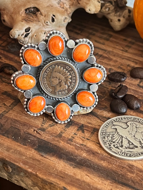 Apache Sterling Silver, Indian Head Penny and Spiny Oyster Shell Cluster Ring by Rosella Paxson, Size 9