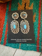 Navajo Hand Stamped Sterling Silver & Turquoise Concho Dangle Earrings