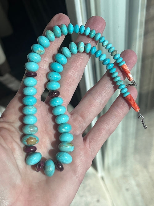 Estate Collection Graduated Number 8 Turquoise and Purple Spiny Oyster Beaded Rondelle Necklace, 16-5/8”