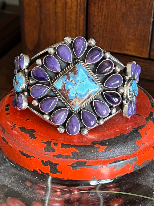 Navajo Sterling Silver, Charoite and Golden Hills Turquoise Cluster Cuff Bracelet by Tyler Brown