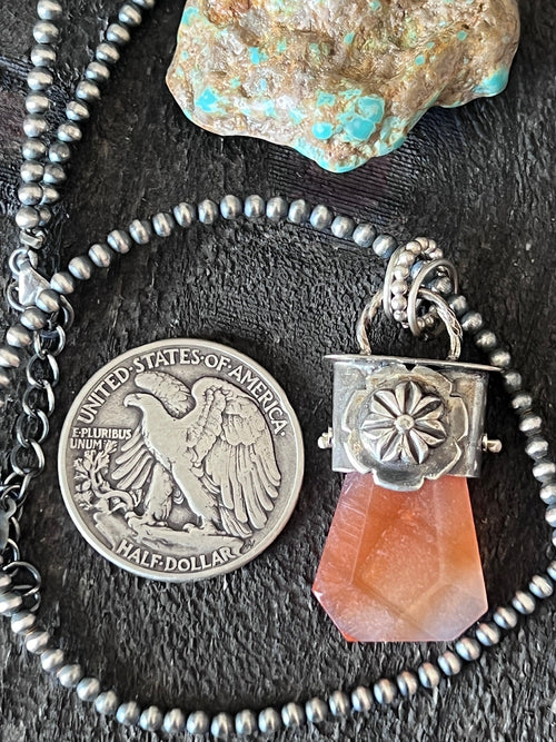 Sterling Silver Gem Collector 30” + 2” Beaded Necklace w/ Red Botswana Agate & Rosette Pendant