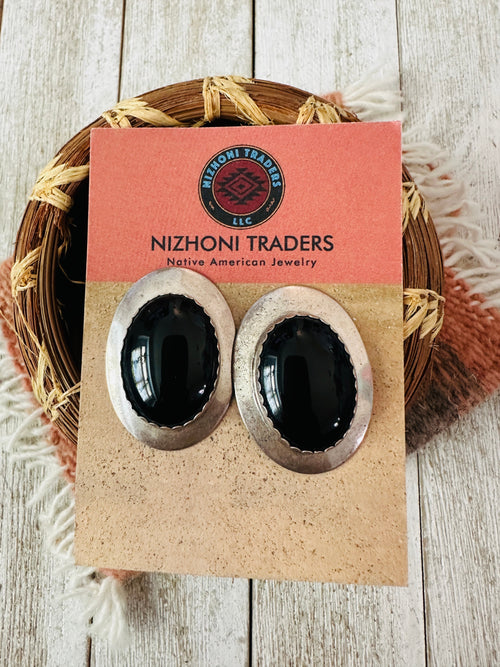 Old Pawn Navajo Sterling Silver & Black Onyx Post Earrings