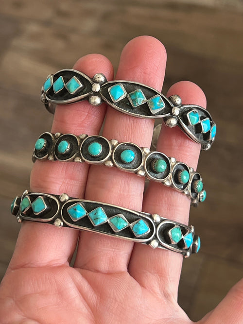 Vintage Zuni Sterling Silver and Three Diamond Turquoise Panel Stacker Cuff Bracelet