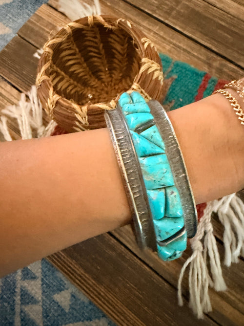 Handcrafted Old Pawn Sterling Silver & Turquoise Cobble Stone Inlay Cuff Bracelet