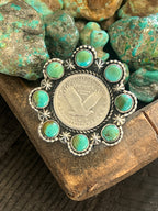 Apache Sterling Silver, Barber Quarter and Hubei Turquoise Cluster Ring by Rosella Paxson, Size 8
