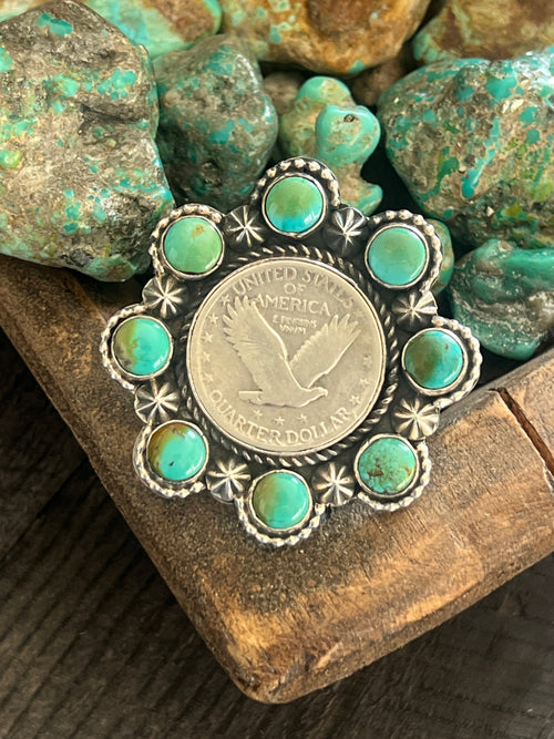 Apache Sterling Silver, Barber Quarter and Hubei Turquoise Cluster Ring by Rosella Paxson, Size 8
