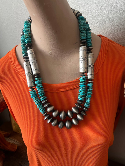 Navajo Sterling Silver and Kingman Turquoise Handmade Beaded Necklace by Rose Martin, 24 + 1-1/2 inches