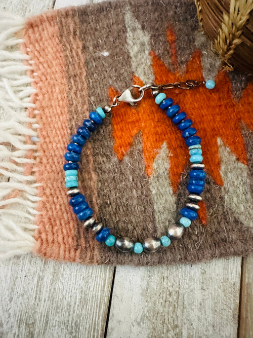 Navajo Sterling Silver Pearl, Lapis & Turquoise Beaded Bracelet