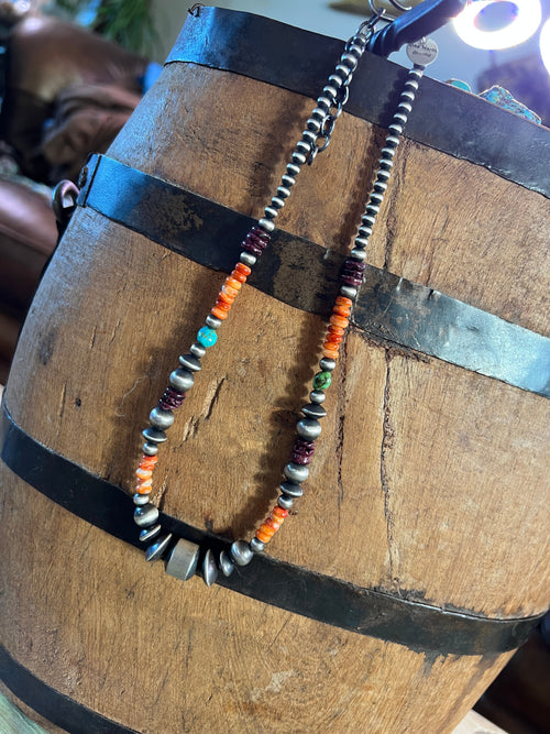 Navajo Electric Rainbow Sterling Silver, Turquoise and Spiny Oyster Single Strand Beaded Necklace by Rose Martin, 16 + 2 Inches