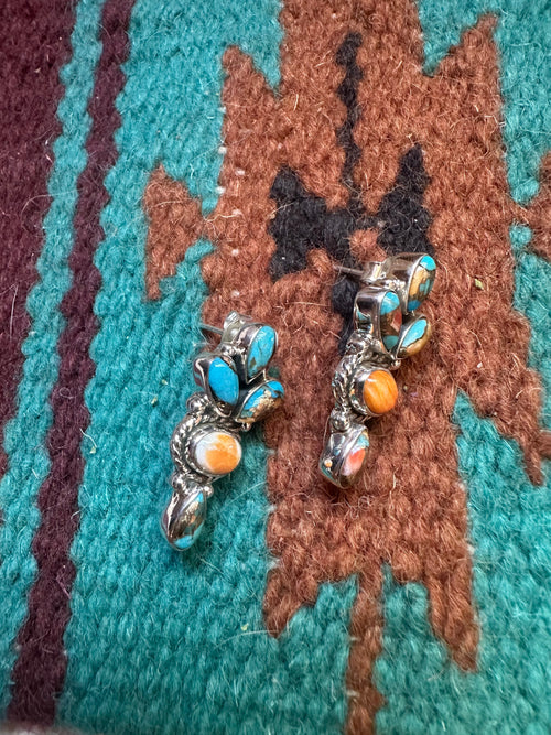 Handmade Orange Spiny, Turquoise Mojave And Sterling Silver Earrings