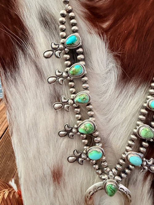 Handcrafted Sonoran Mountain Turquoise & Sterling Silver Beaded Squash Blossom Necklace by Adrienne Gordon