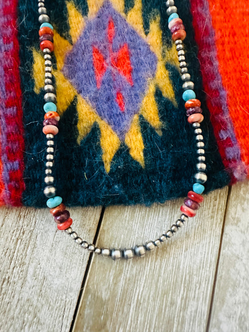 Navajo Sterling Silver, Spiny & Turquoise Beaded 16” Necklace