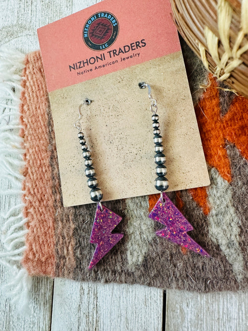 Summer Lovin’ Navajo Sterling Silver Pearl Beaded Fire Opal Lightning Bolt Dangle Earrings