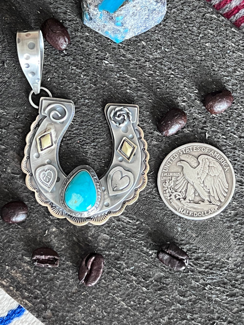 Kimari Somers Hand Stamped Sterling Silver Heart Motif Horseshoe Pendant with Brass & Royston Turquoise
