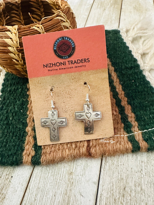 Old Pawn Navajo Sterling Silver Cross Dangle Earrings