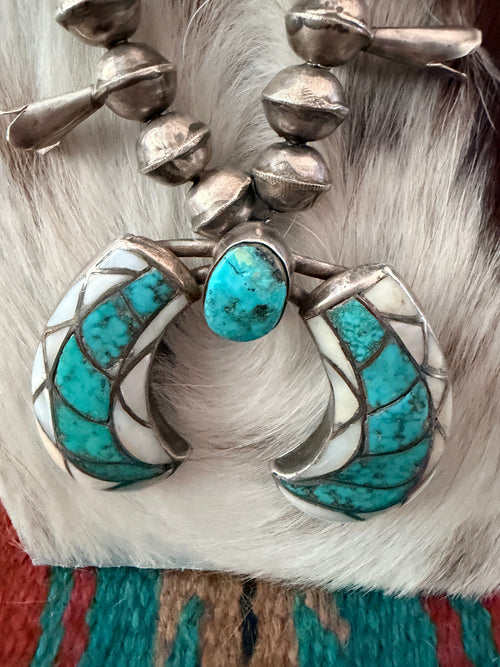 Old Pawn Handcrafted Turquoise, Mother of Pearl & Sterling Silver Beaded Squash Blossom Necklace