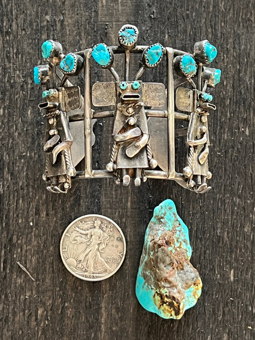 Amazing One of a Kind Antique Sterling Silver and Turquoise Yei Bi Chei Cuff Bracelet