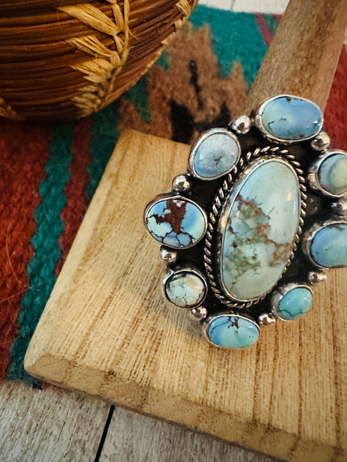 Navajo Sterling Silver & Golden Hills Turquoise Cluster Adjustable Ring