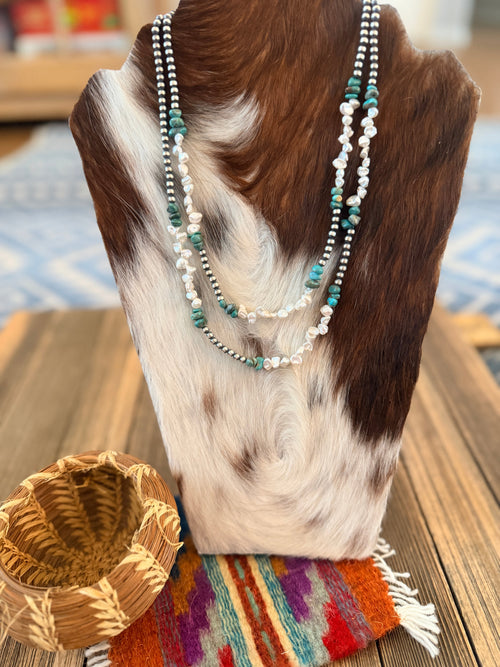 Handcrafted Turquoise, Mother of Pearl and Sterling Silver Pearl Beaded Necklace