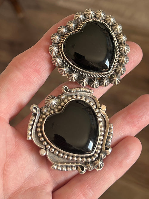 Apache Sterling Silver and Black Onyx Heart Rings by Rosella Paxson, Size 8.5 & 10