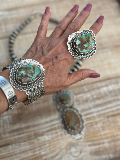 Charles Johnson Navajo Royston Turquoise & Sterling Silver Necklace, Bracelet and Ring  Set Signed