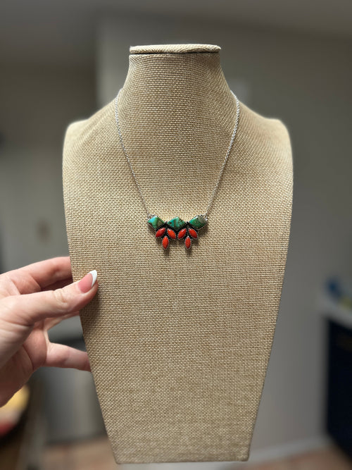 Beautiful Handmade Sterling Silver, Coral & Sonoran Turquoise Cluster Stone Necklace 8