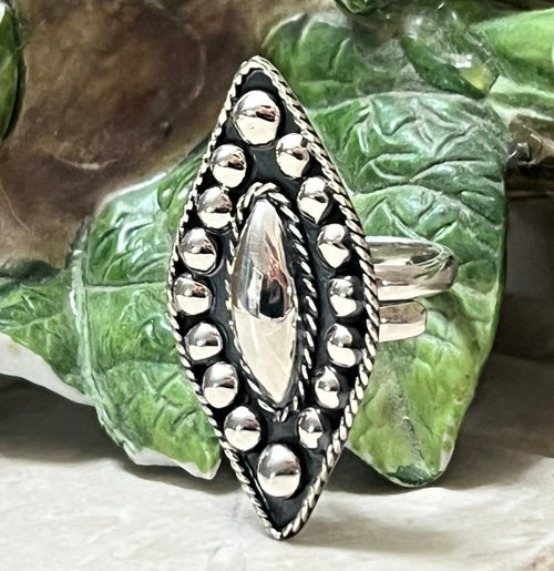 Sterling Silver Vintage Beaded Adjustable Marquise Ring