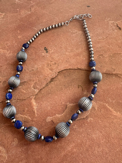 Handmade Sterling Silver & Lapis Beaded Necklace