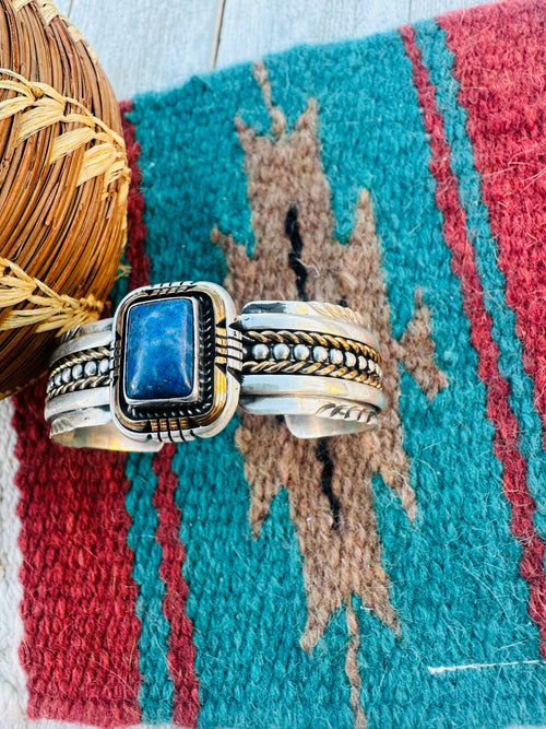 Handcrafted Old Pawn Sterling Silver & Lapis Cuff Bracelet by J. W. Toadlena