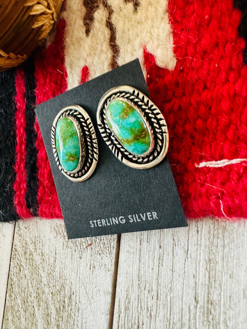 Navajo Sonoran Mountain Turquoise & Sterling Silver Stud Earrings Signed