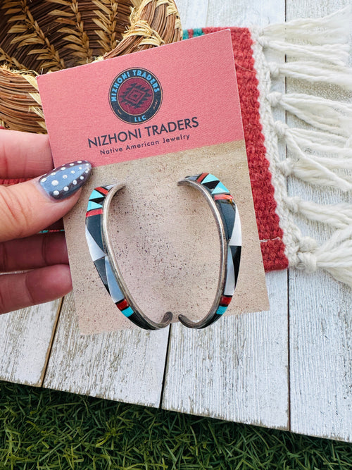 Handcrafted Old Pawn Sterling Silver & Multi Stone Inlay Hoop Earrings