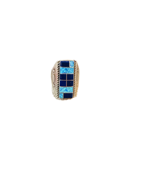 Old Pawn Navajo Sterling Silver, Onyx & Opal Inlay Ring Size 11.5