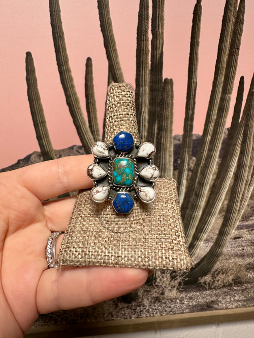 Beautiful Handmade Sonoran Mountain Turquoise, Wild Horse, Lapis And Sterling Silver Adjustable Ring