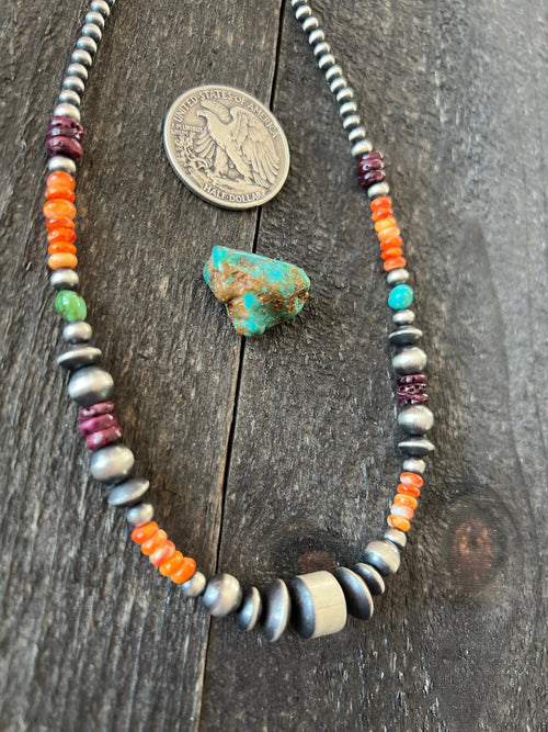Navajo Electric Rainbow Sterling Silver, Turquoise and Spiny Oyster Single Strand Beaded Necklace by Rose Martin, 16 + 2 Inches
