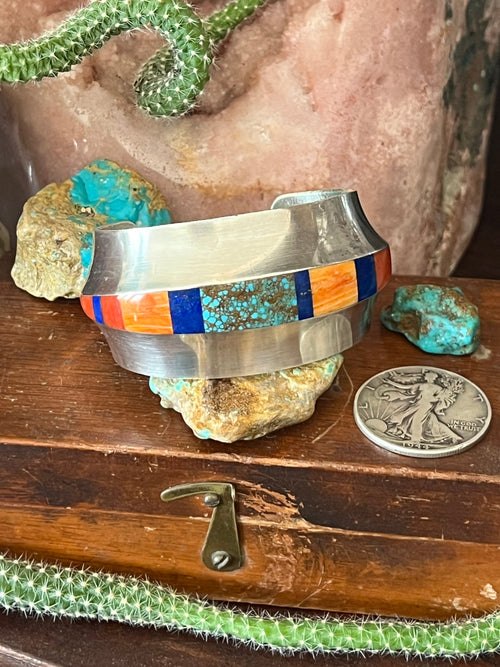 Old Pawn Sterling Silver, Number 8 Turquoise, Lapis, Spiny Oyster and Coral Inlay Cuff Bracelet by Duane Maktima