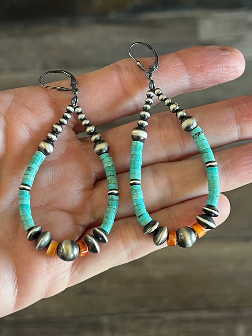 Navajo Made Sterling Silver, Kingman Turquoise and Orange Spiny Oyster Beaded Teardrop Hoop Earrings, Leverbacz