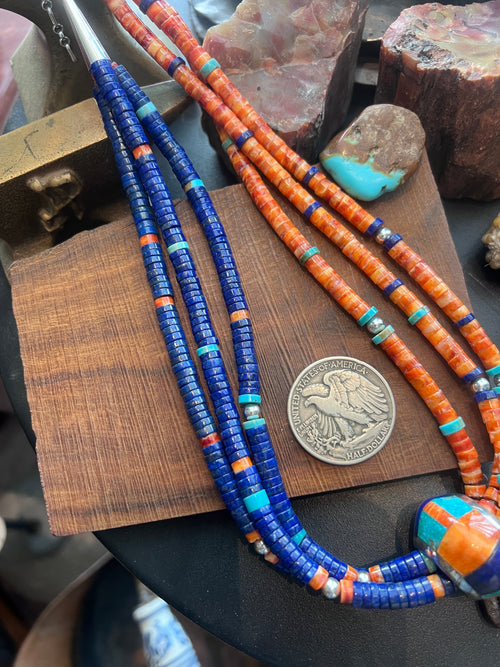 Daniel Coriz Triple Strand Lapis, Spiny Oyster and Turquoise Beaded Necklace w/ Removable Sterling Silver & Stone Inlay Bead