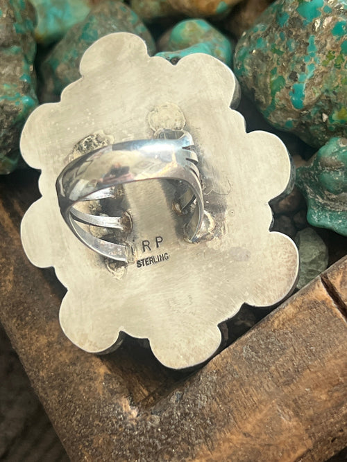 Apache Sterling Silver and Hubei Turquoise Cluster Ring by Rosella Paxson, Size 8.5
