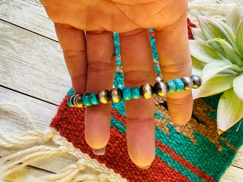 Navajo Sterling Silver Pearl and Turquoise Beaded Stretch Bracelet