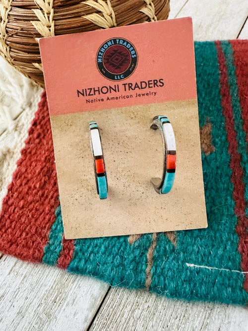 Handcrafted Old Pawn Sterling Silver & Multi Stone Inlay Hoop Earrings