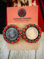 Handcrafted Sterling Silver and Coral Liberty Coin Earrings by Darrin Livingston