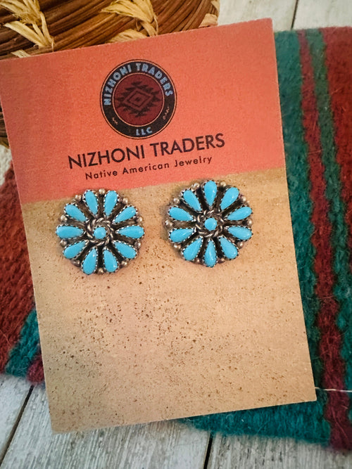 Handcrafted Old Pawn Sterling Silver & Turquoise Cluster Post Earrings