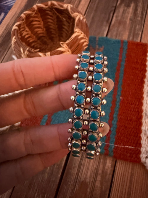 Handcrafted Old Pawn Sterling Silver & Turquoise Petit Point Cuff Bracelet
