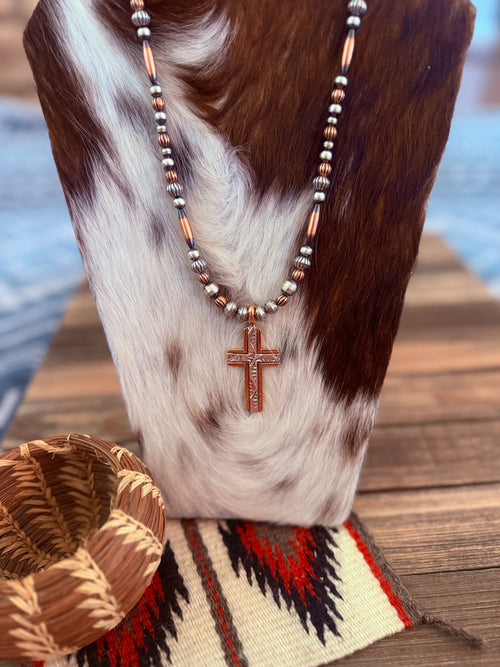 Handcrafted Copper and Sterling Silver Cross Beaded Necklace by Landon Secatero