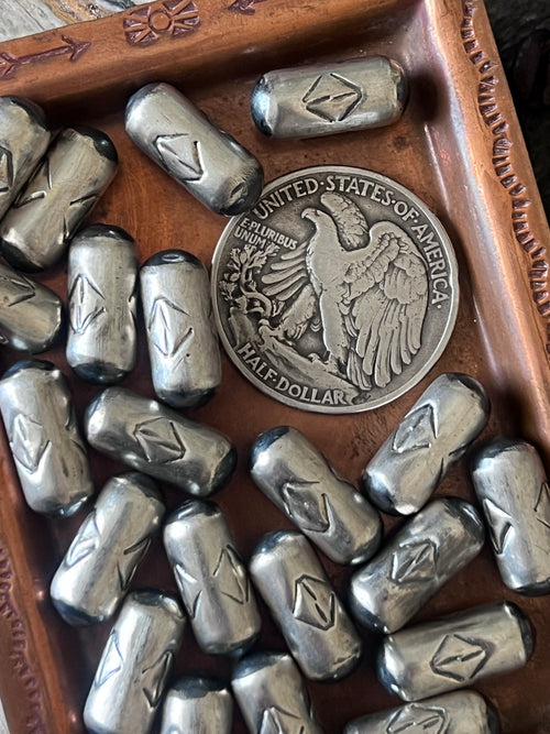 Handmade Stamped Sterling Silver Barrel Beads, Intersection