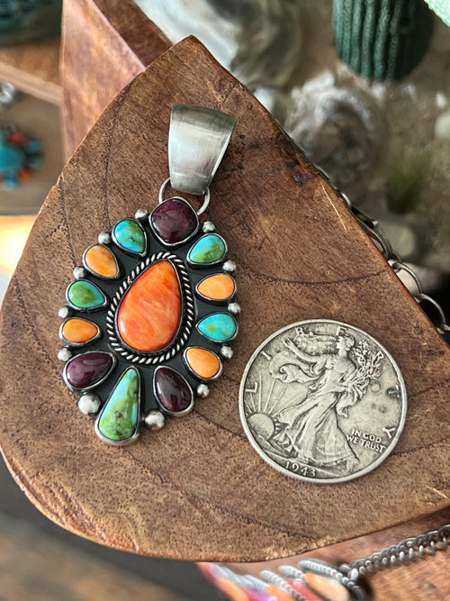 Navajo Electric Rainbow Spiny Oyster and Turquoise Cluster Pendant by Angela Martin