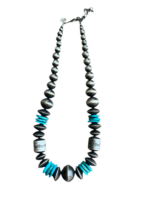 Navajo Sterling Silver and Kingman Turquoise Handmade Beaded Necklace by Rose Martin, 18 Inches