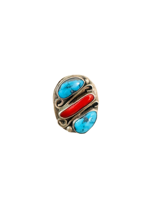Old Pawn Navajo Sterling Silver, Turquoise & Coral Ring Size 11